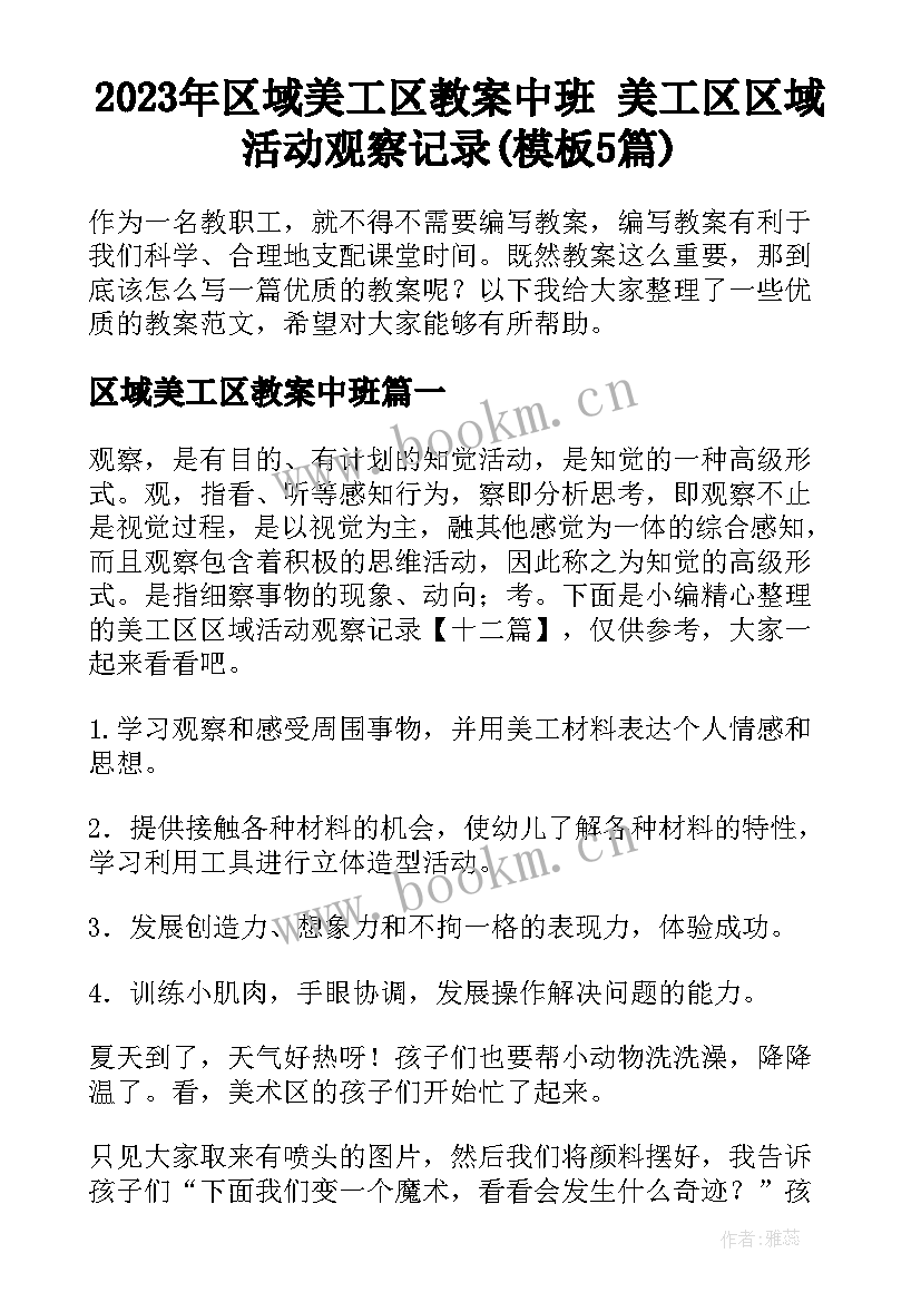 2023年区域美工区教案中班 美工区区域活动观察记录(模板5篇)