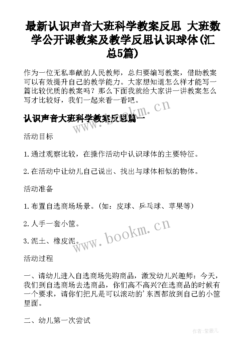 最新认识声音大班科学教案反思 大班数学公开课教案及教学反思认识球体(汇总5篇)