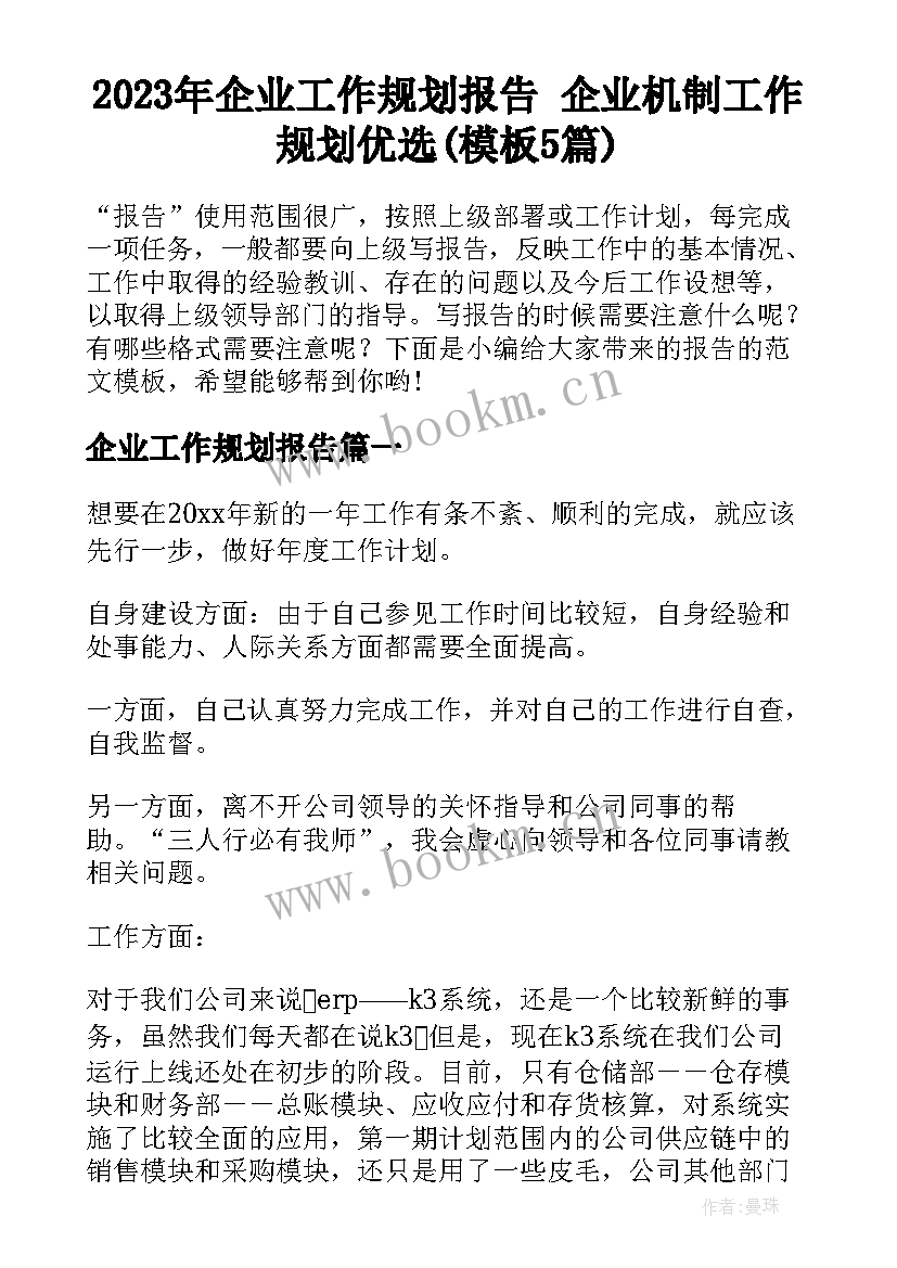 2023年企业工作规划报告 企业机制工作规划优选(模板5篇)