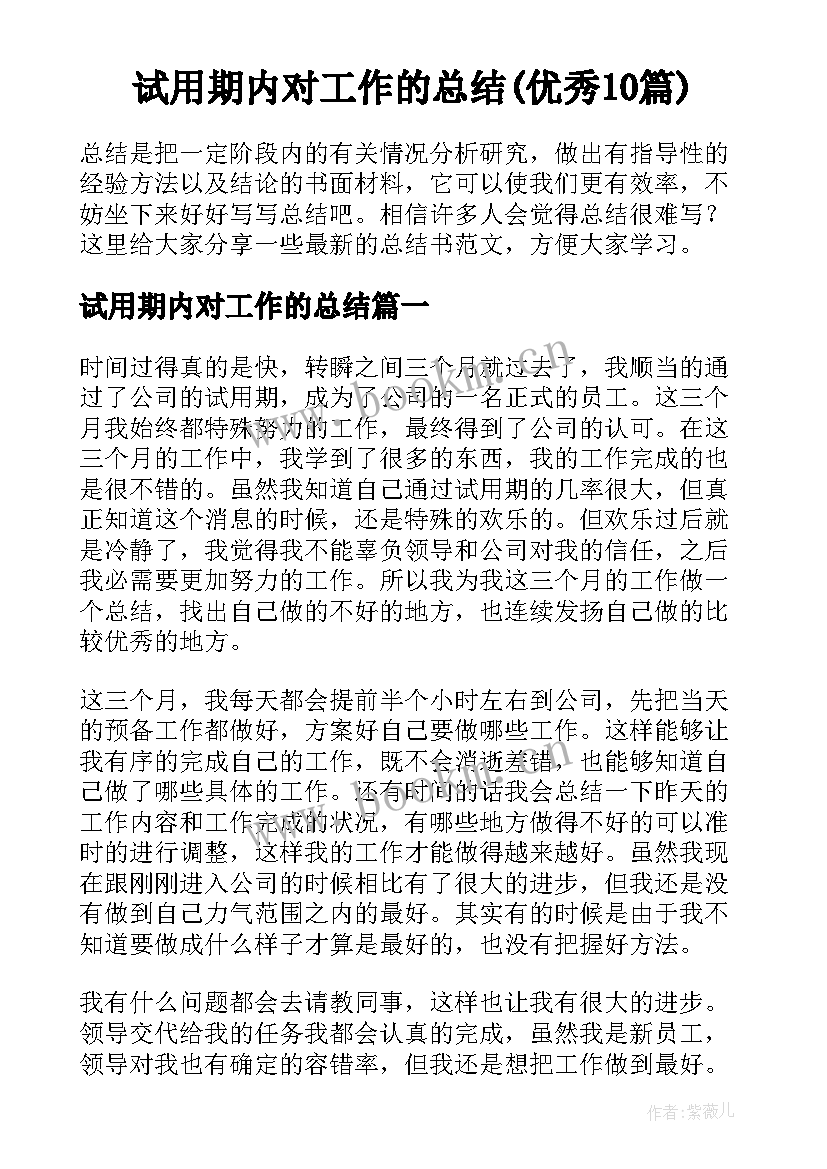 试用期内对工作的总结(优秀10篇)