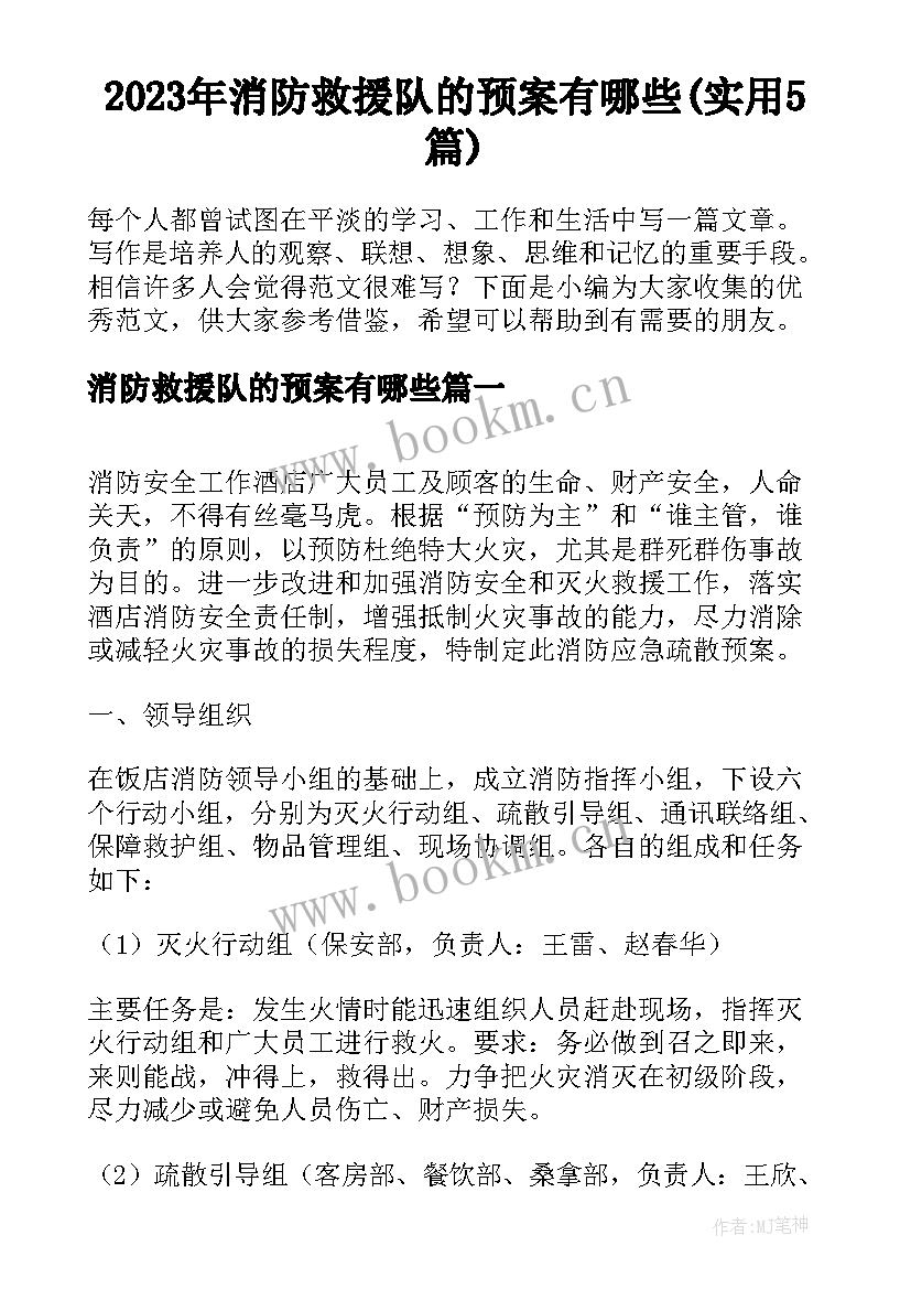 2023年消防救援队的预案有哪些(实用5篇)