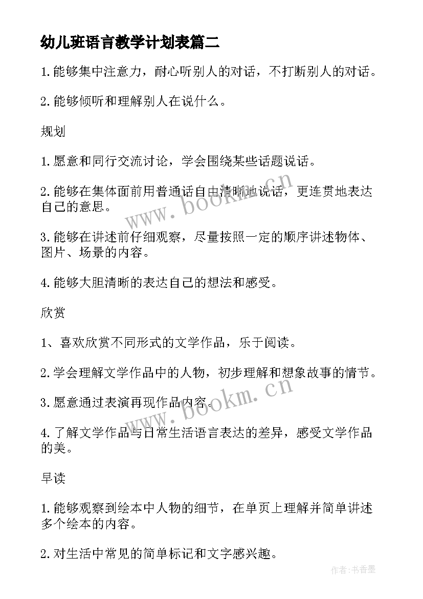 最新幼儿班语言教学计划表(汇总10篇)