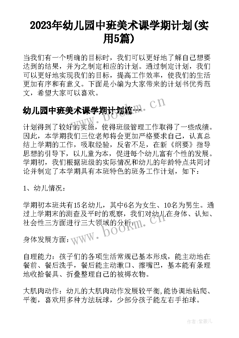 2023年幼儿园中班美术课学期计划(实用5篇)