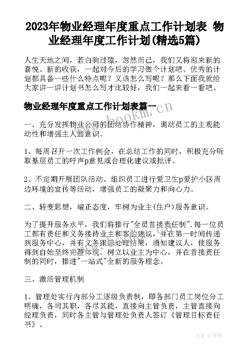 2023年物业经理年度重点工作计划表 物业经理年度工作计划(精选5篇)