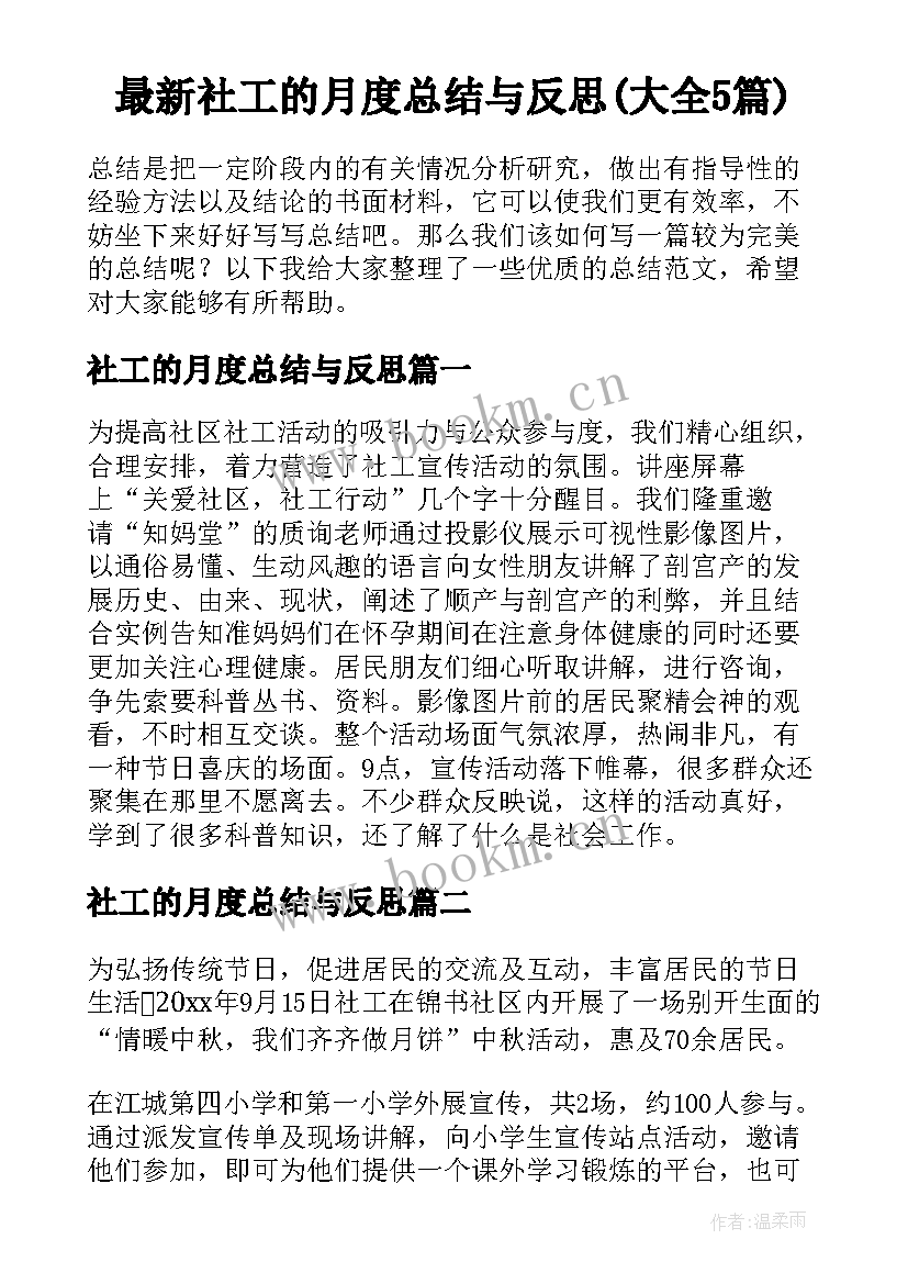 最新社工的月度总结与反思(大全5篇)