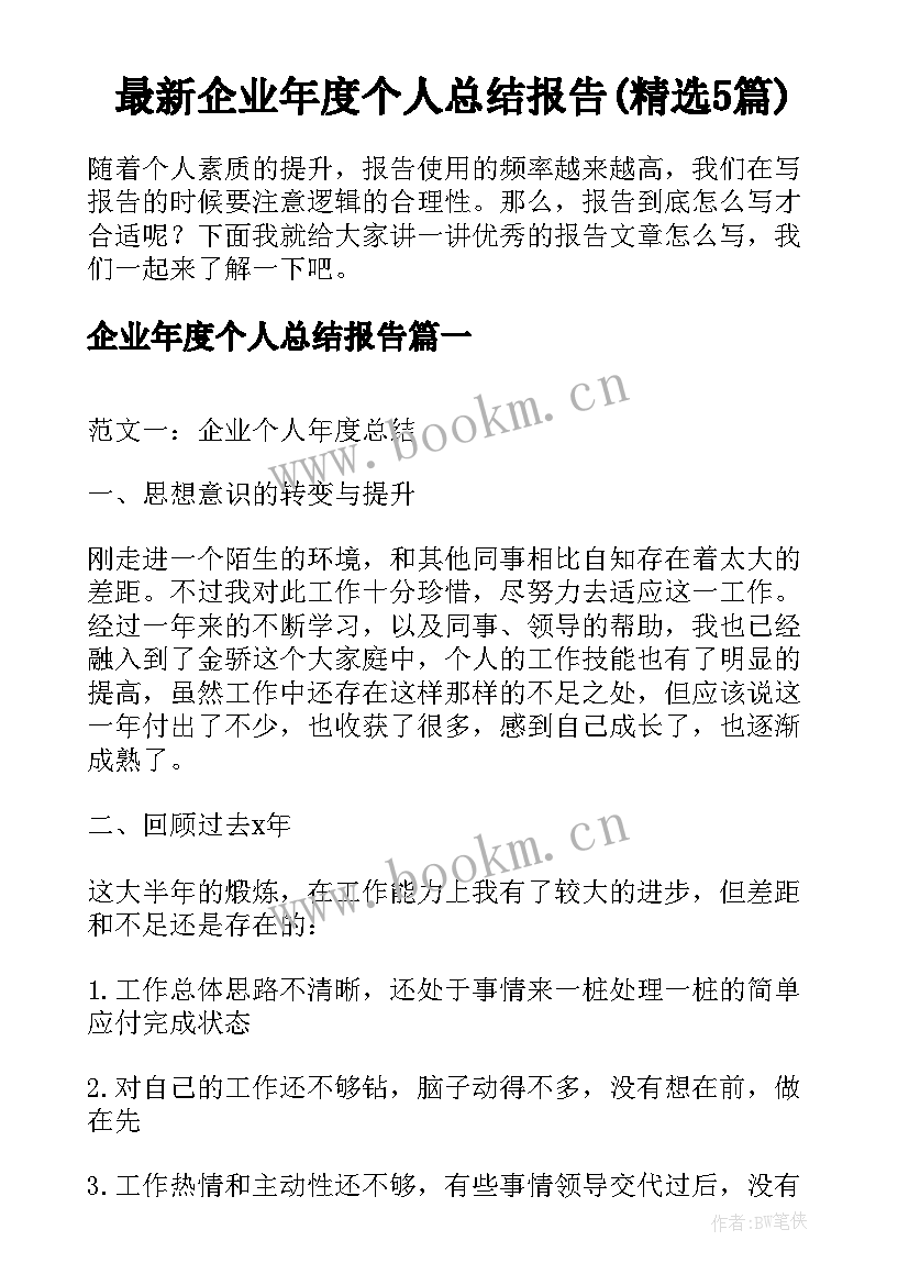 最新企业年度个人总结报告(精选5篇)