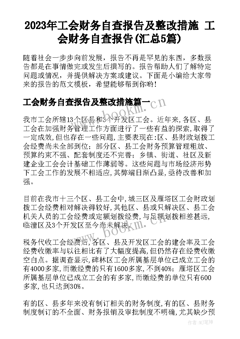 2023年工会财务自查报告及整改措施 工会财务自查报告(汇总5篇)