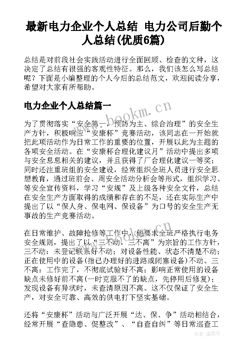 最新电力企业个人总结 电力公司后勤个人总结(优质6篇)