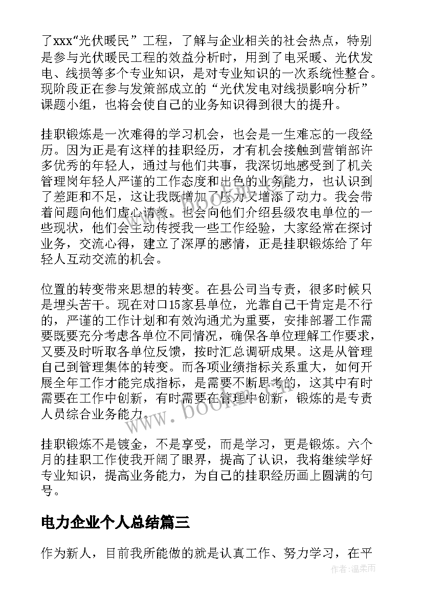 最新电力企业个人总结 电力公司后勤个人总结(优质6篇)