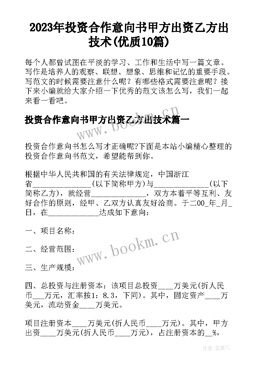 2023年投资合作意向书甲方出资乙方出技术(优质10篇)