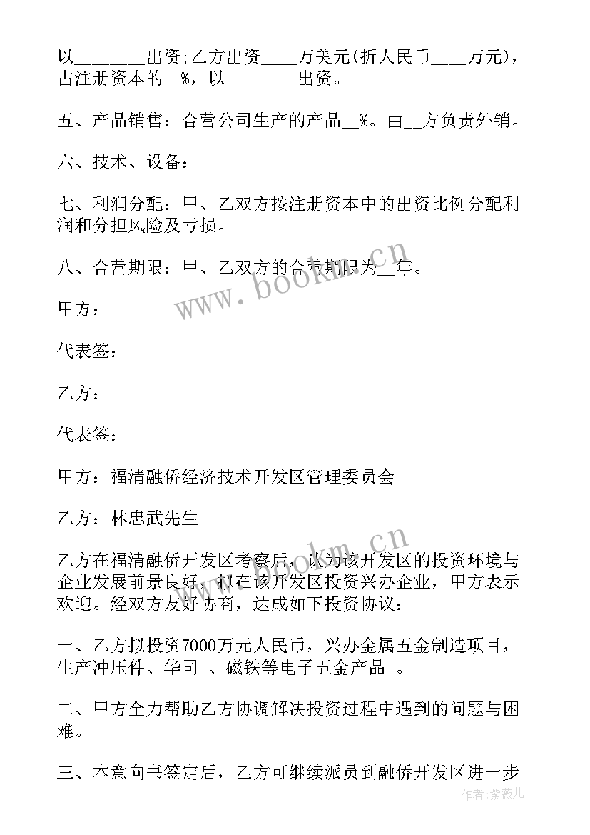 2023年投资合作意向书甲方出资乙方出技术(优质10篇)