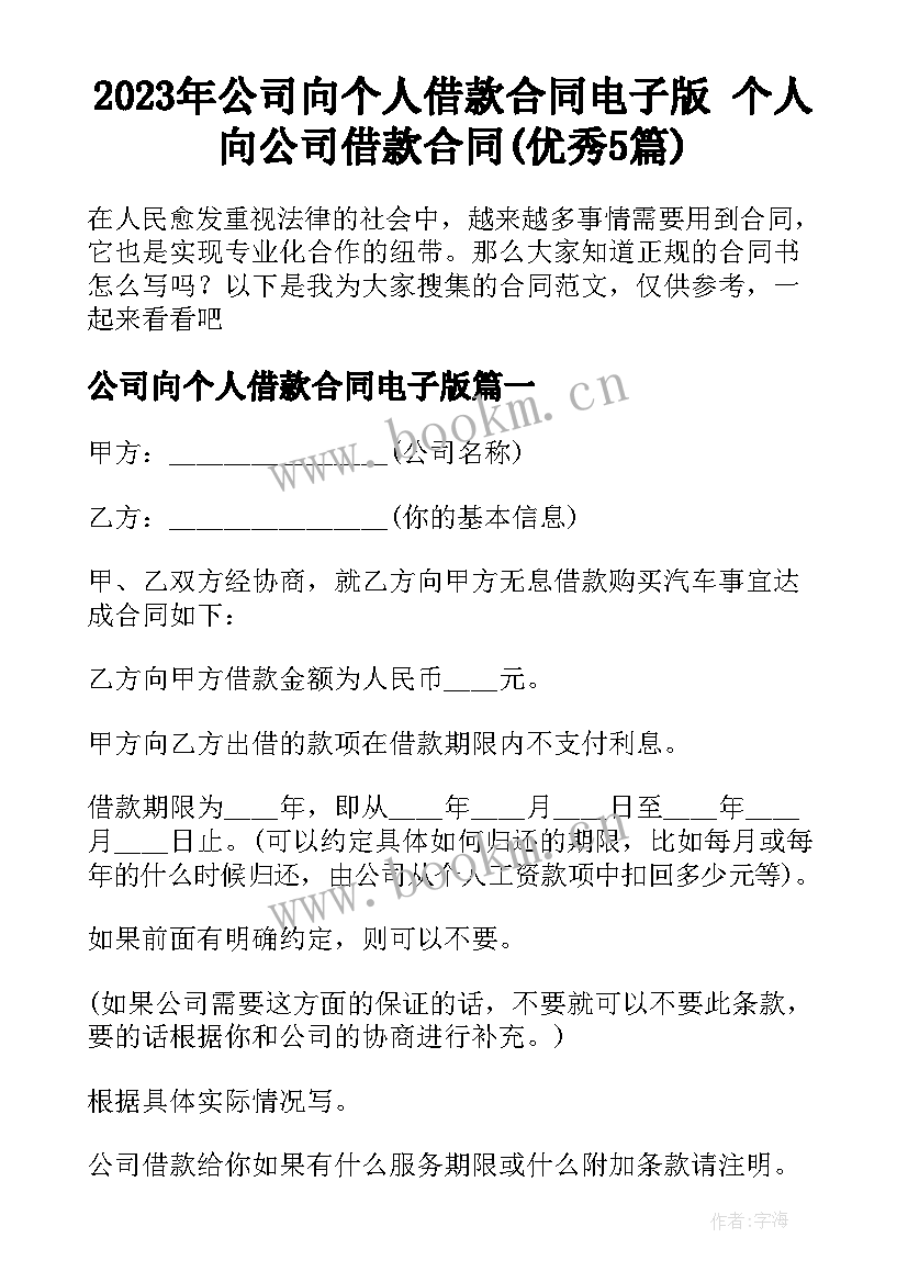 2023年公司向个人借款合同电子版 个人向公司借款合同(优秀5篇)