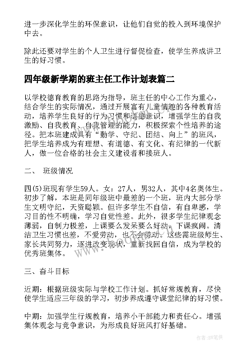 四年级新学期的班主任工作计划表 四年级班主任新学期工作计划(模板7篇)