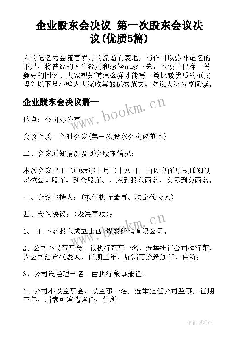 企业股东会决议 第一次股东会议决议(优质5篇)