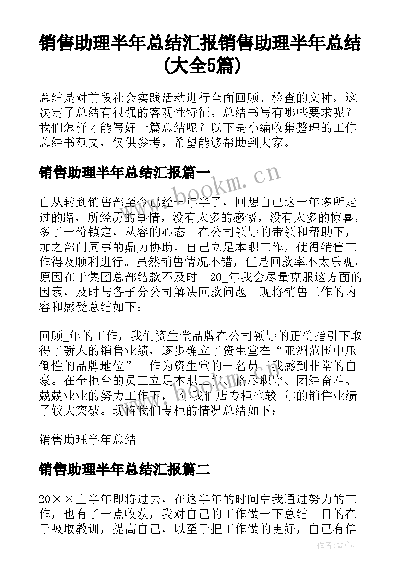 销售助理半年总结汇报 销售助理半年总结(大全5篇)