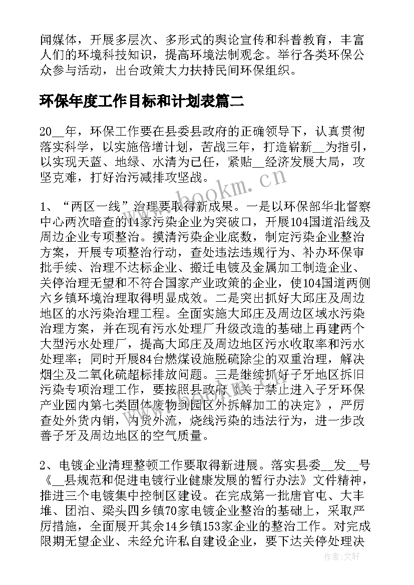 环保年度工作目标和计划表(汇总8篇)