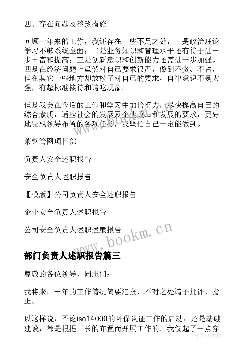 2023年部门负责人述职报告 企业负责人述职报告(实用10篇)