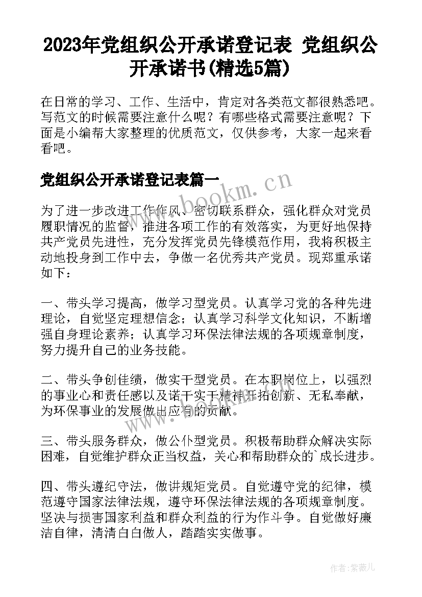 2023年党组织公开承诺登记表 党组织公开承诺书(精选5篇)