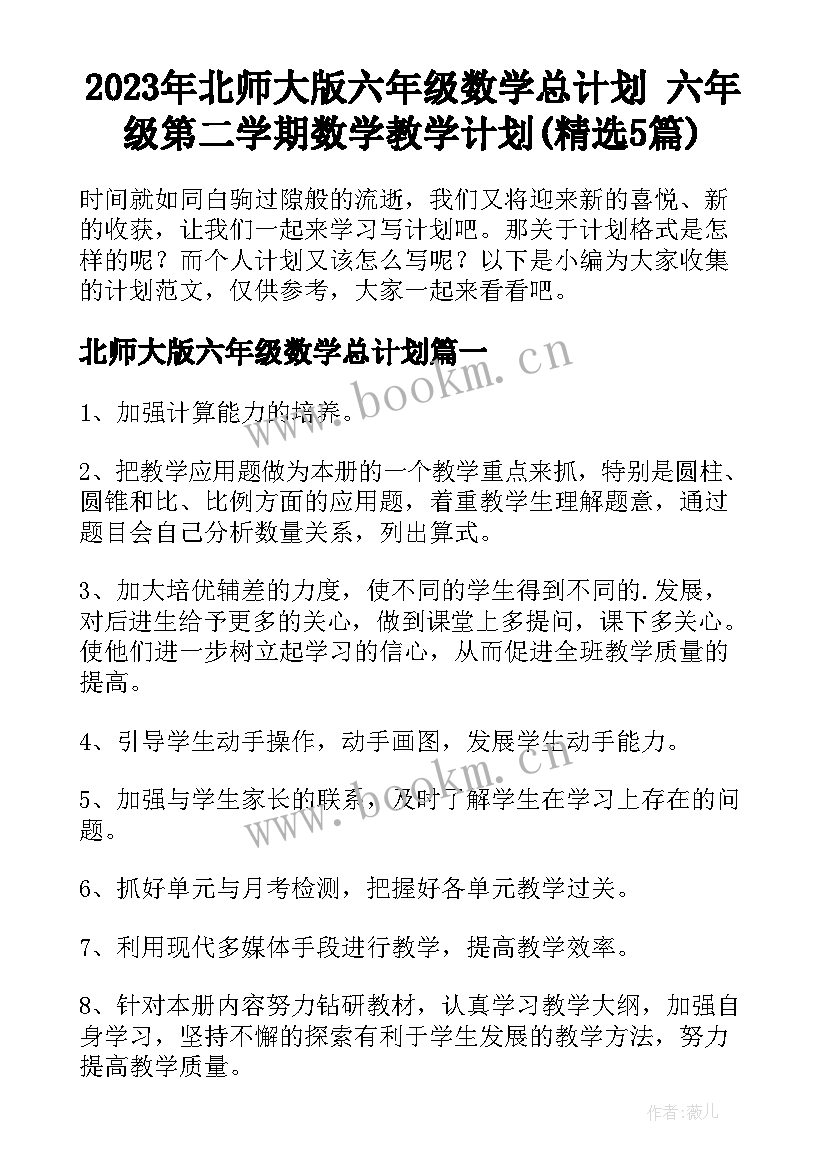 2023年北师大版六年级数学总计划 六年级第二学期数学教学计划(精选5篇)