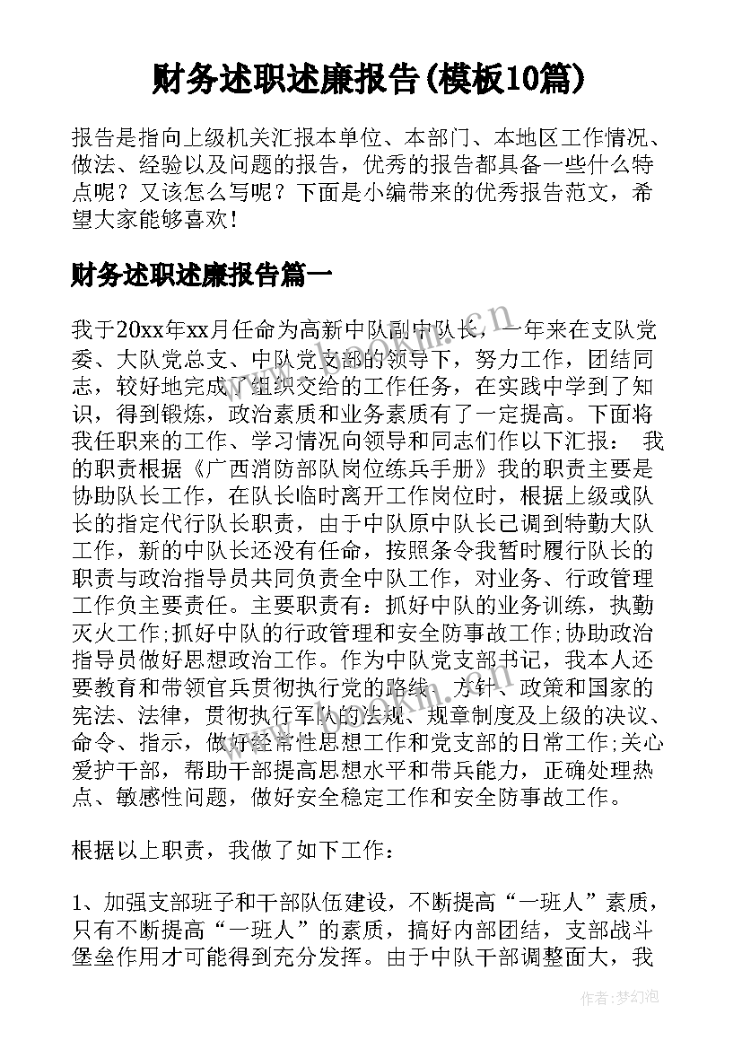 财务述职述廉报告(模板10篇)