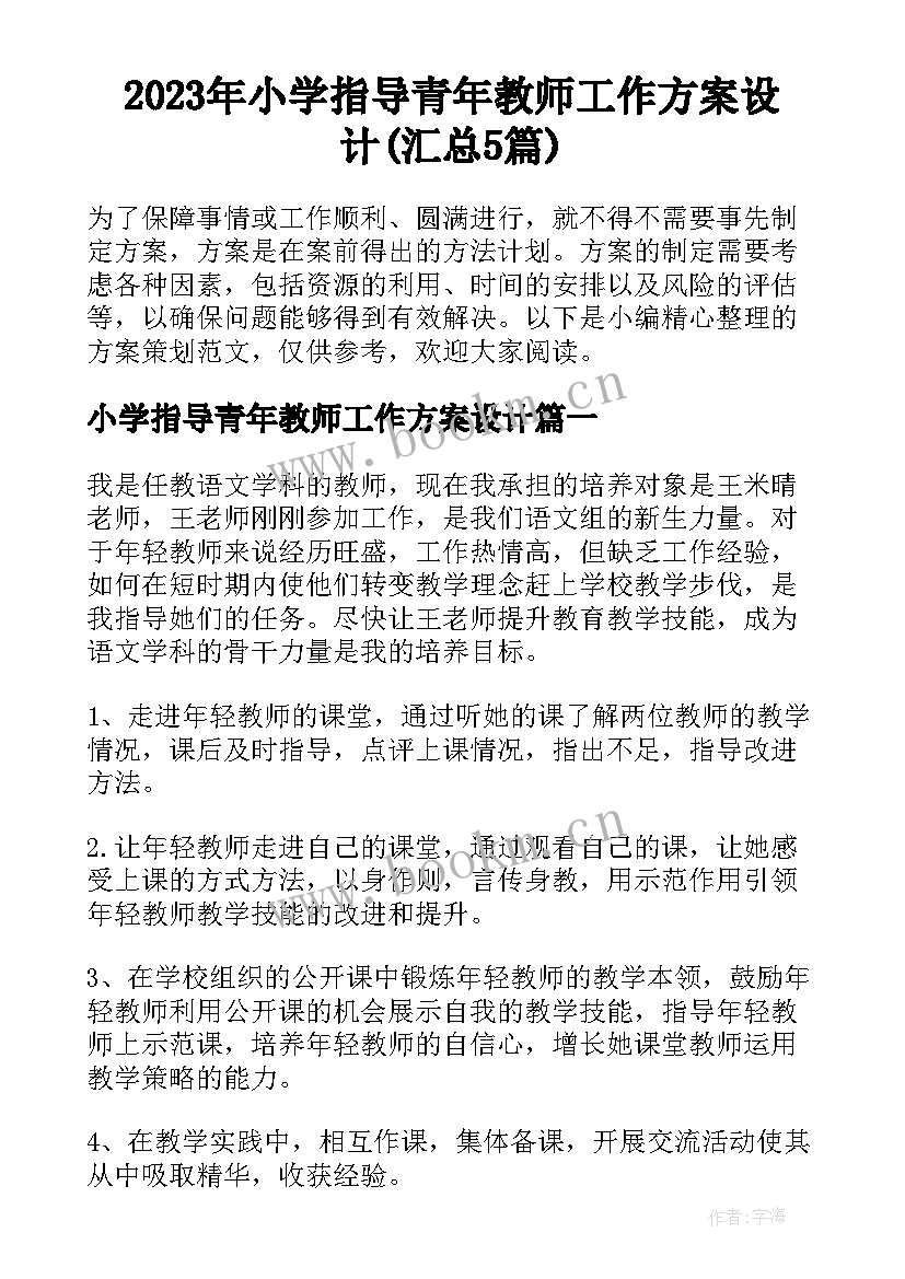 2023年小学指导青年教师工作方案设计(汇总5篇)