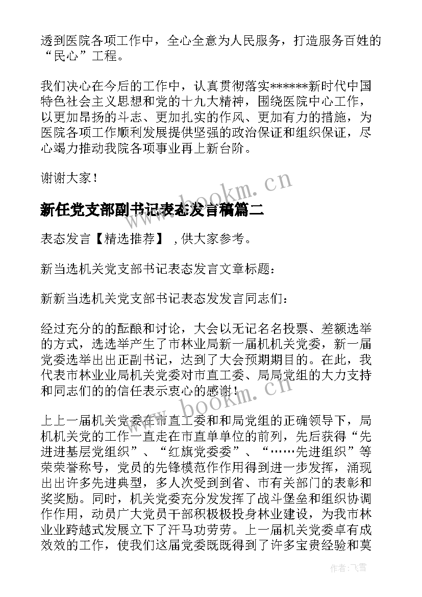 2023年新任党支部副书记表态发言稿 市医院新当选支部书记任职表态发言(汇总5篇)