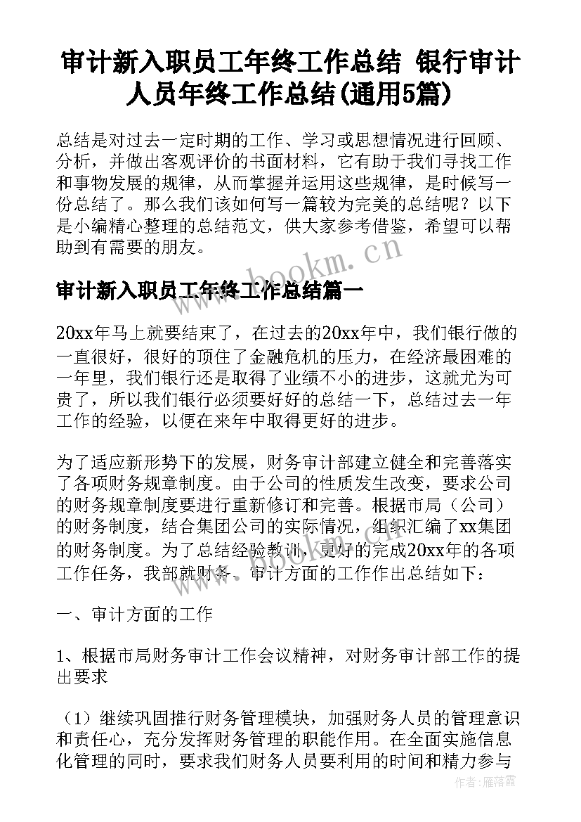 审计新入职员工年终工作总结 银行审计人员年终工作总结(通用5篇)