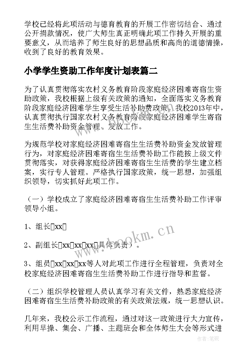 2023年小学学生资助工作年度计划表 小学学生资助工作计划(通用5篇)