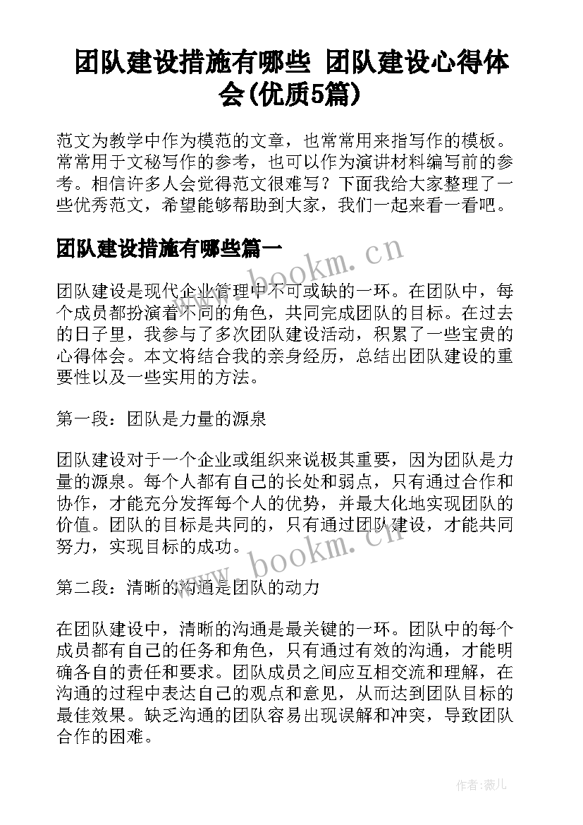 团队建设措施有哪些 团队建设心得体会(优质5篇)