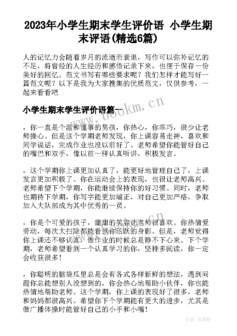 2023年小学生期末学生评价语 小学生期末评语(精选6篇)