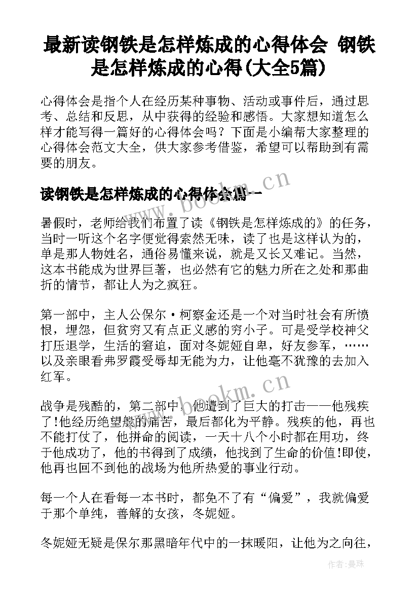 最新读钢铁是怎样炼成的心得体会 钢铁是怎样炼成的心得(大全5篇)