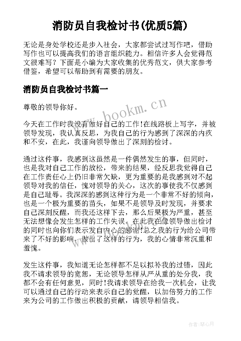 消防员自我检讨书(优质5篇)