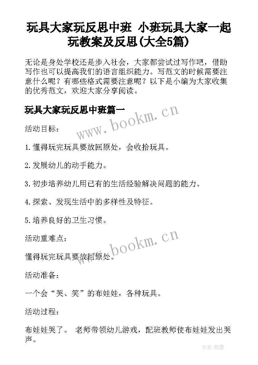 玩具大家玩反思中班 小班玩具大家一起玩教案及反思(大全5篇)