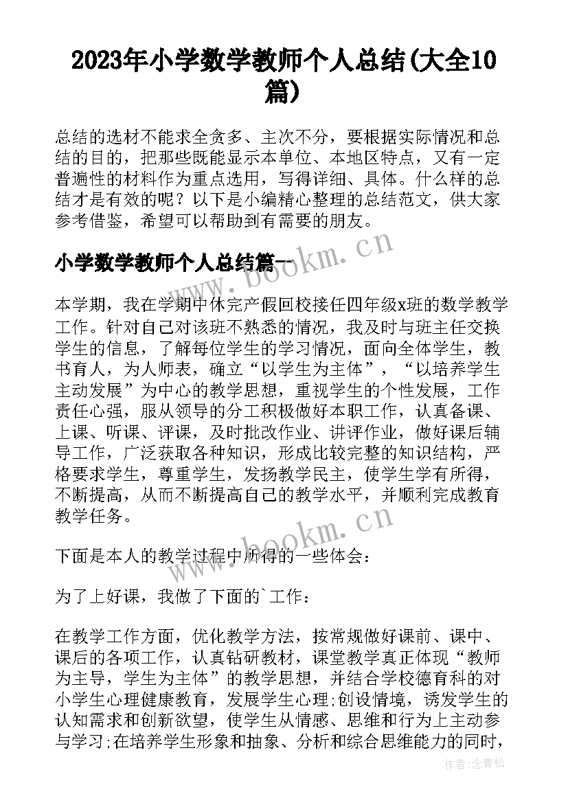 2023年小学数学教师个人总结(大全10篇)