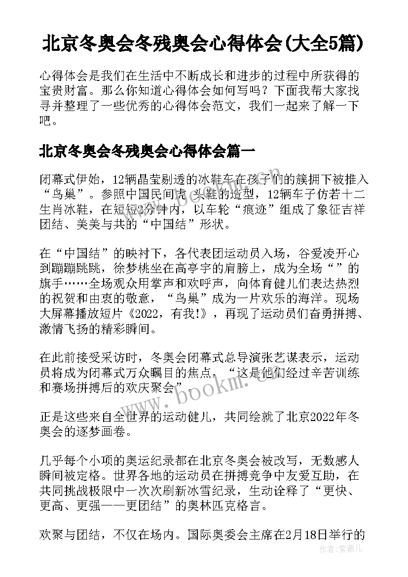 北京冬奥会冬残奥会心得体会(大全5篇)