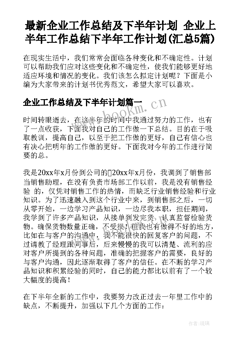 最新企业工作总结及下半年计划 企业上半年工作总结下半年工作计划(汇总5篇)