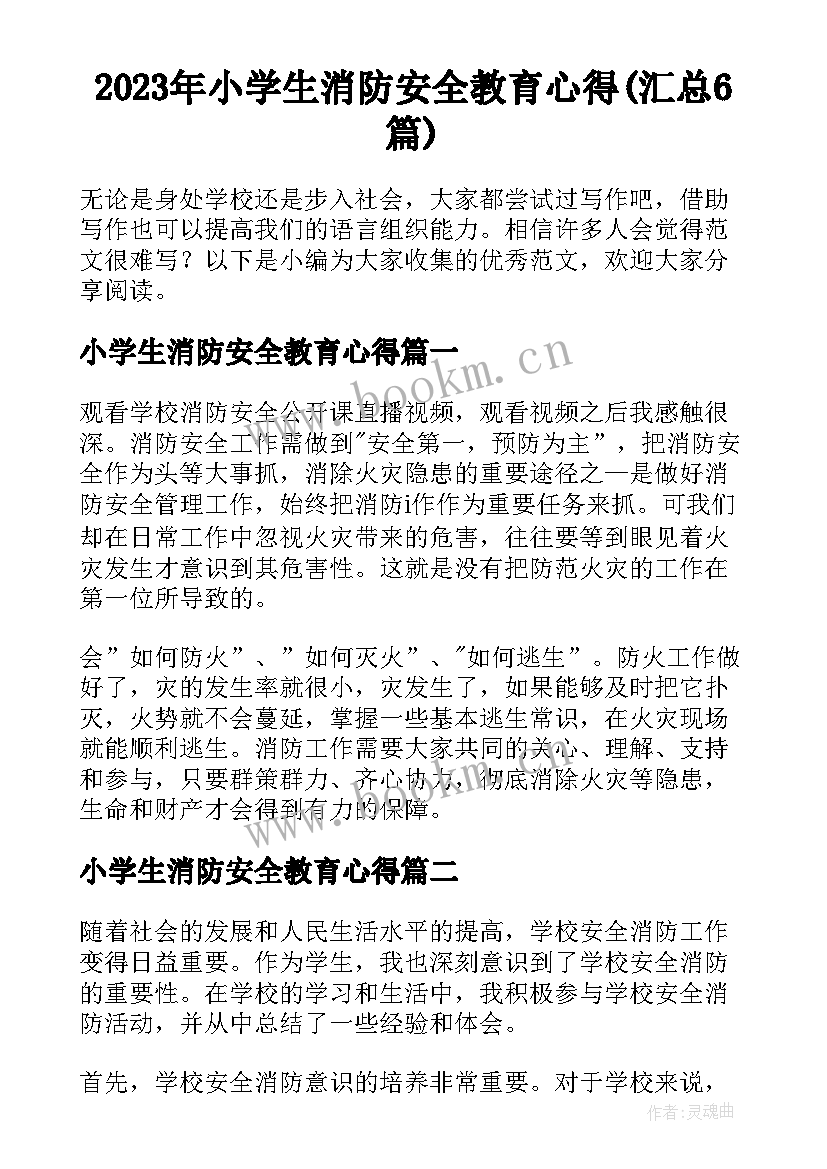 2023年小学生消防安全教育心得(汇总6篇)