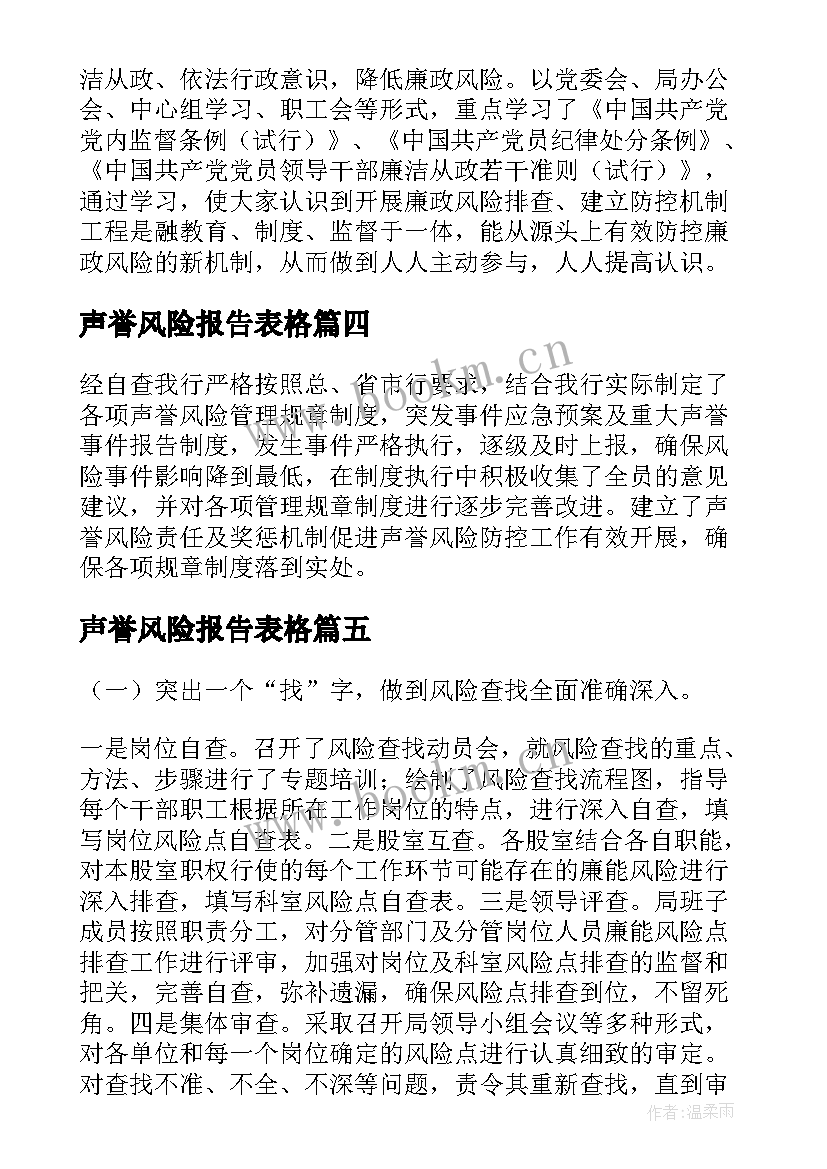 声誉风险报告表格(通用10篇)