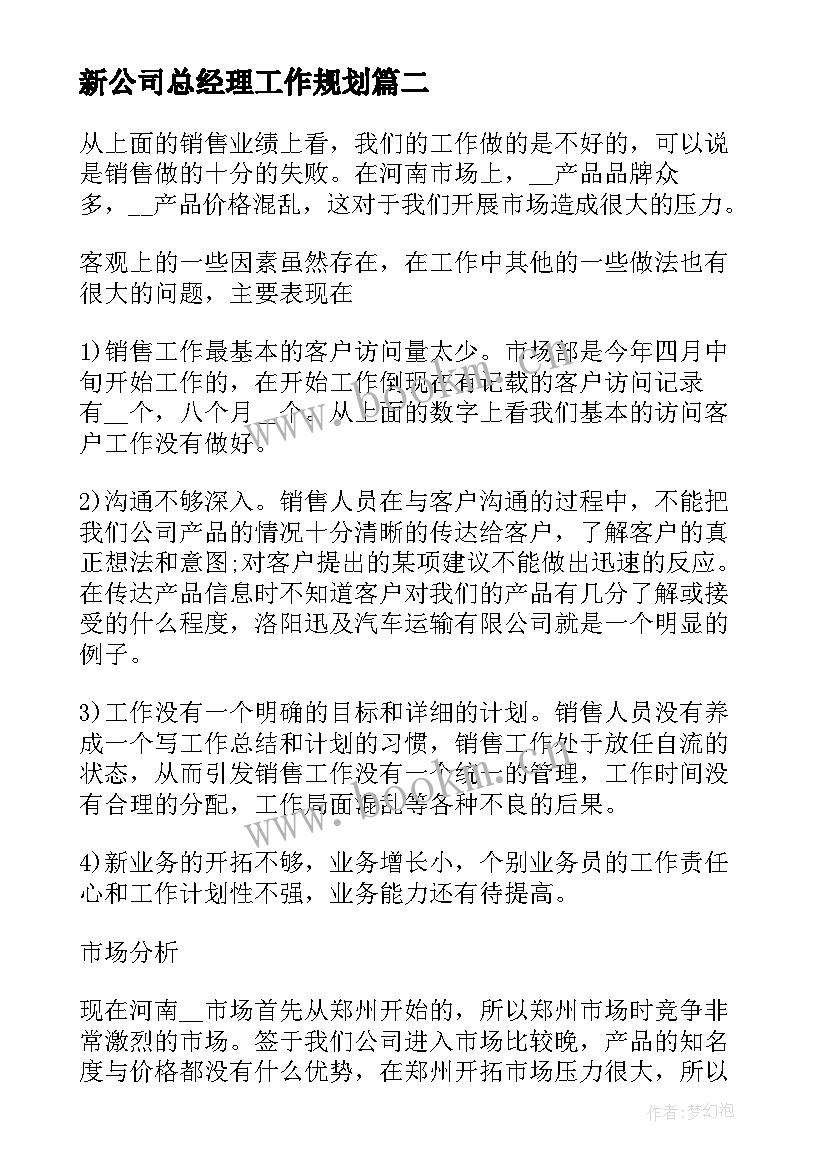 新公司总经理工作规划(模板8篇)