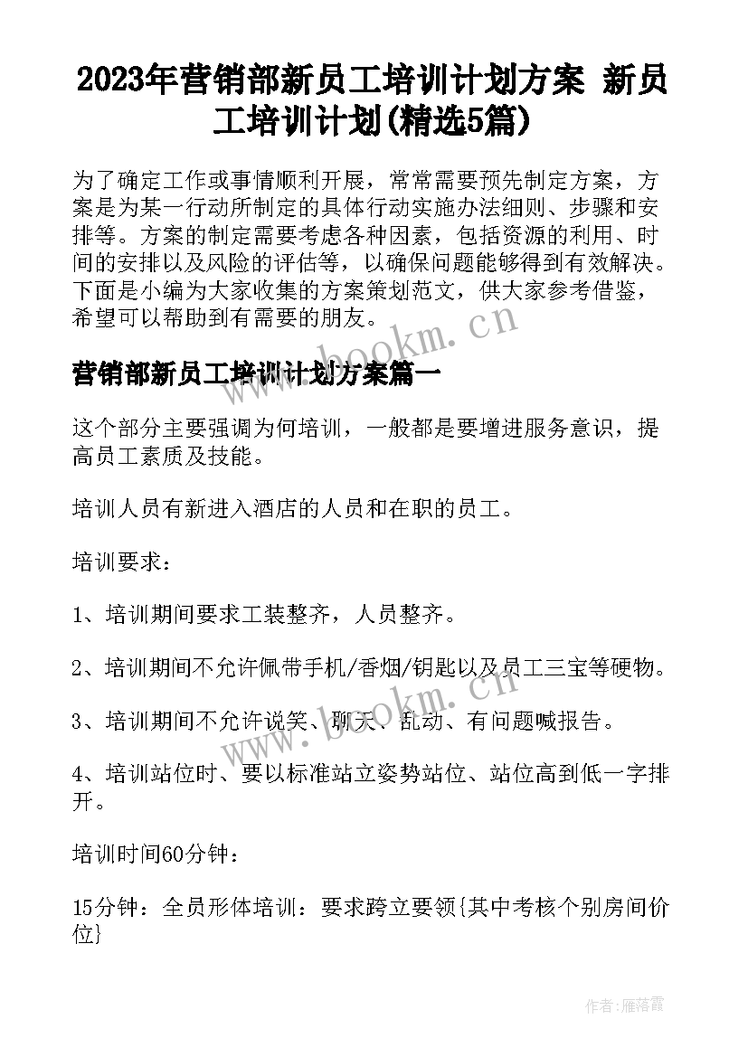 2023年营销部新员工培训计划方案 新员工培训计划(精选5篇)