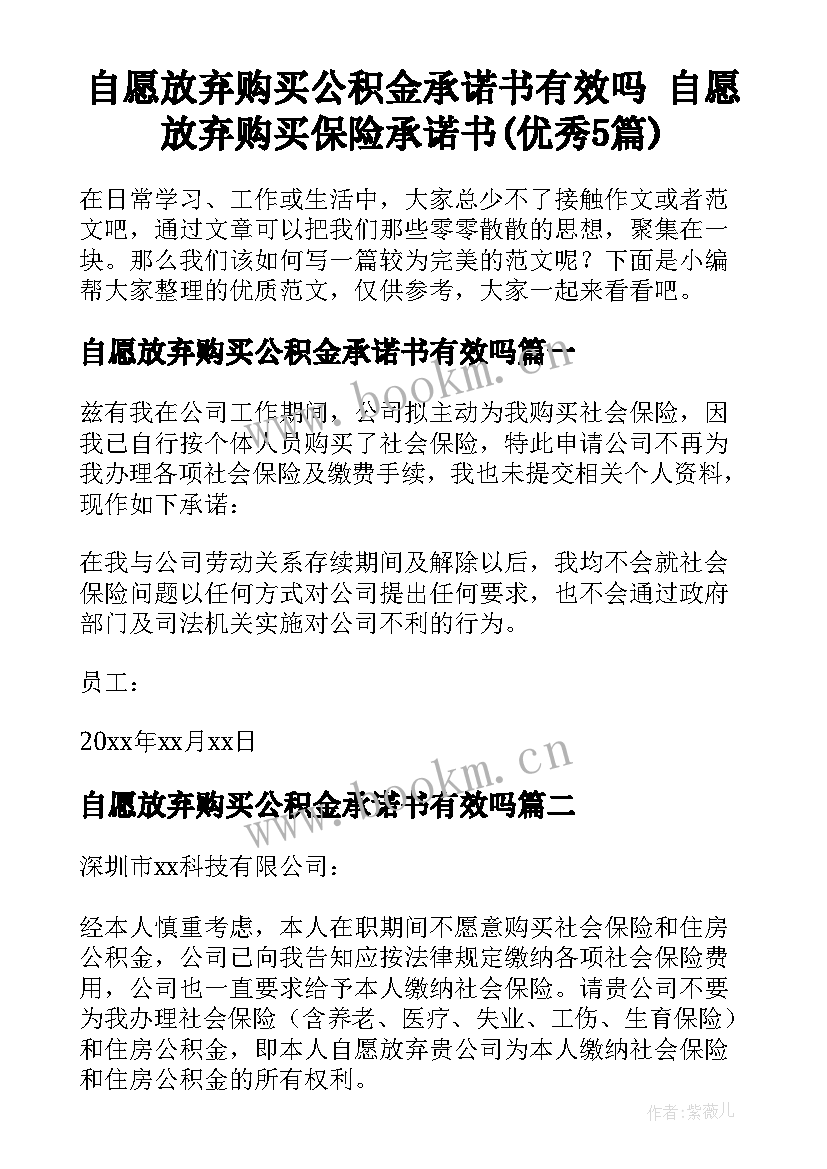 自愿放弃购买公积金承诺书有效吗 自愿放弃购买保险承诺书(优秀5篇)