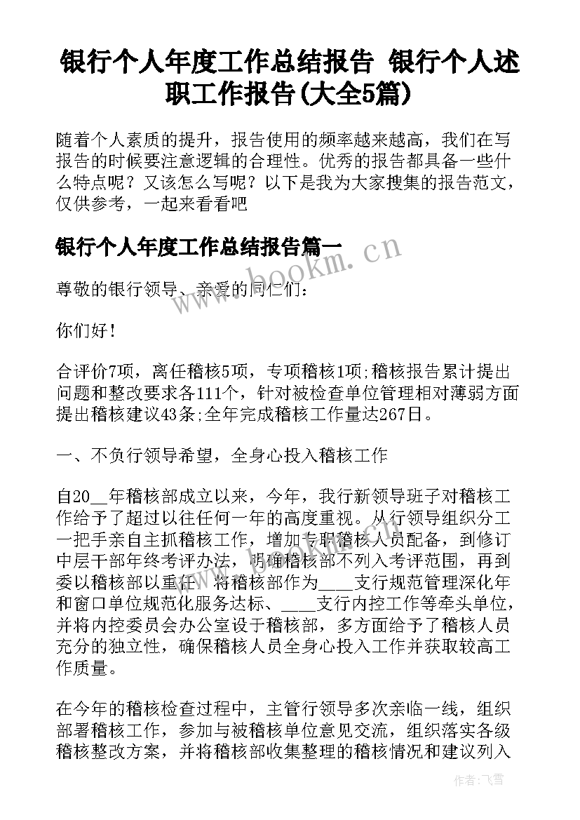 银行个人年度工作总结报告 银行个人述职工作报告(大全5篇)