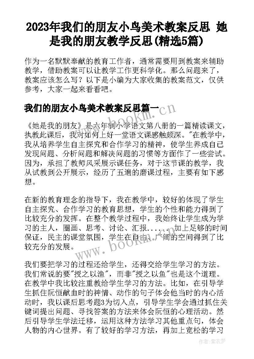 2023年我们的朋友小鸟美术教案反思 她是我的朋友教学反思(精选5篇)