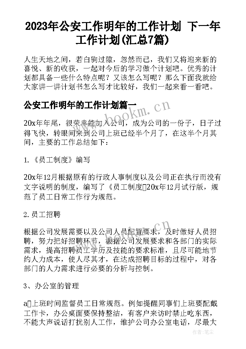 2023年公安工作明年的工作计划 下一年工作计划(汇总7篇)