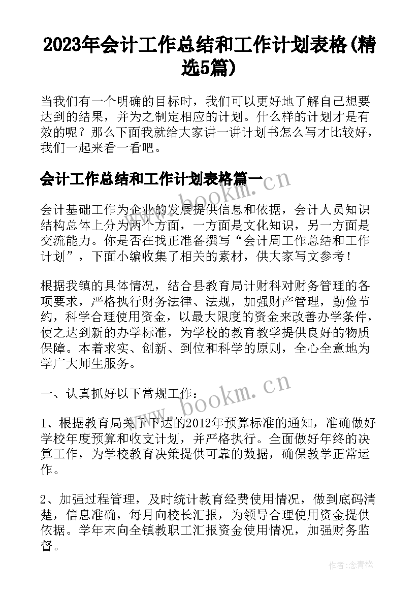 2023年会计工作总结和工作计划表格(精选5篇)