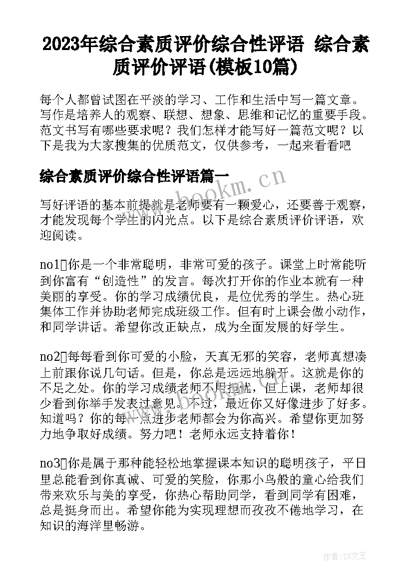 2023年综合素质评价综合性评语 综合素质评价评语(模板10篇)