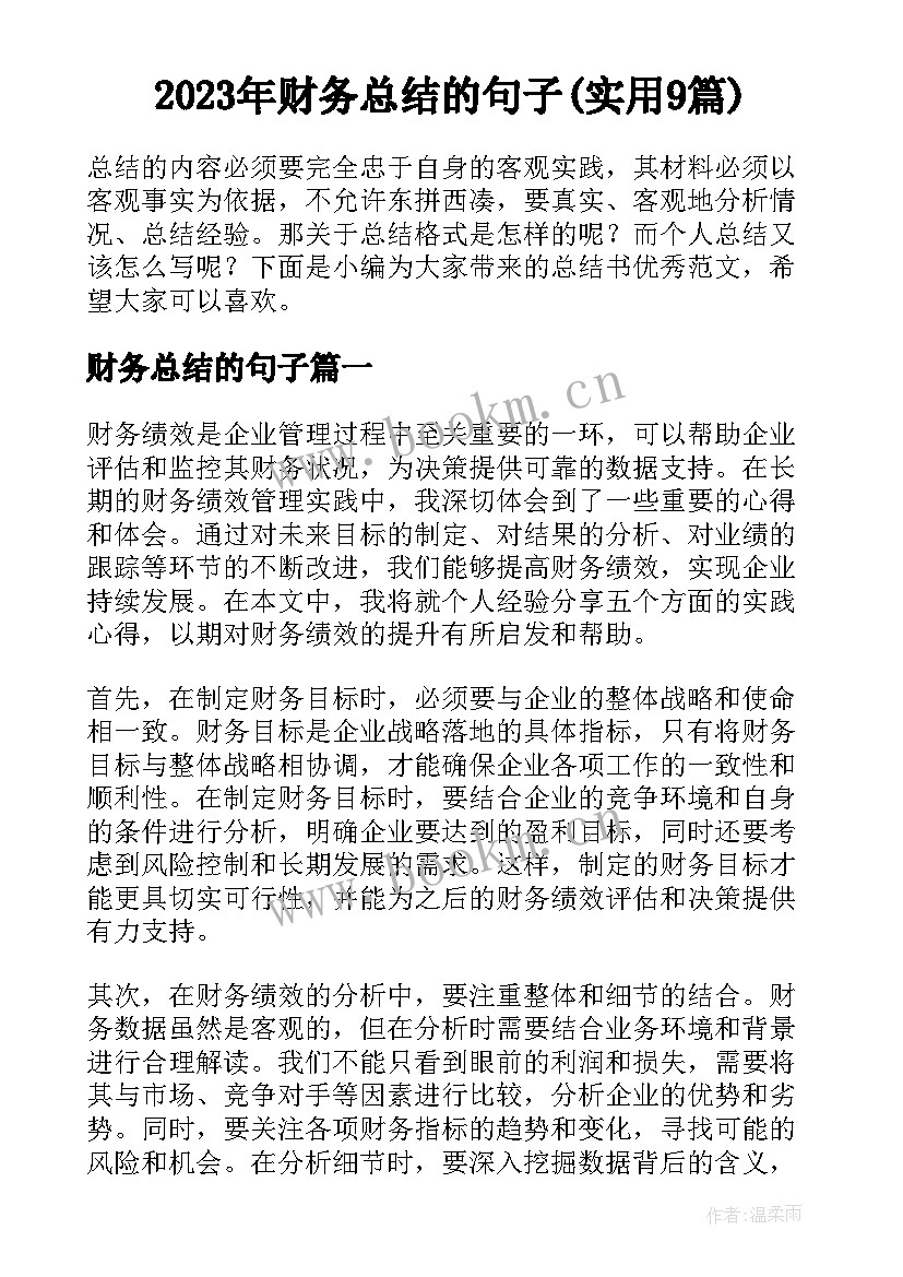 2023年财务总结的句子(实用9篇)