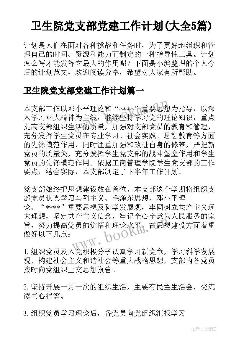 卫生院党支部党建工作计划(大全5篇)