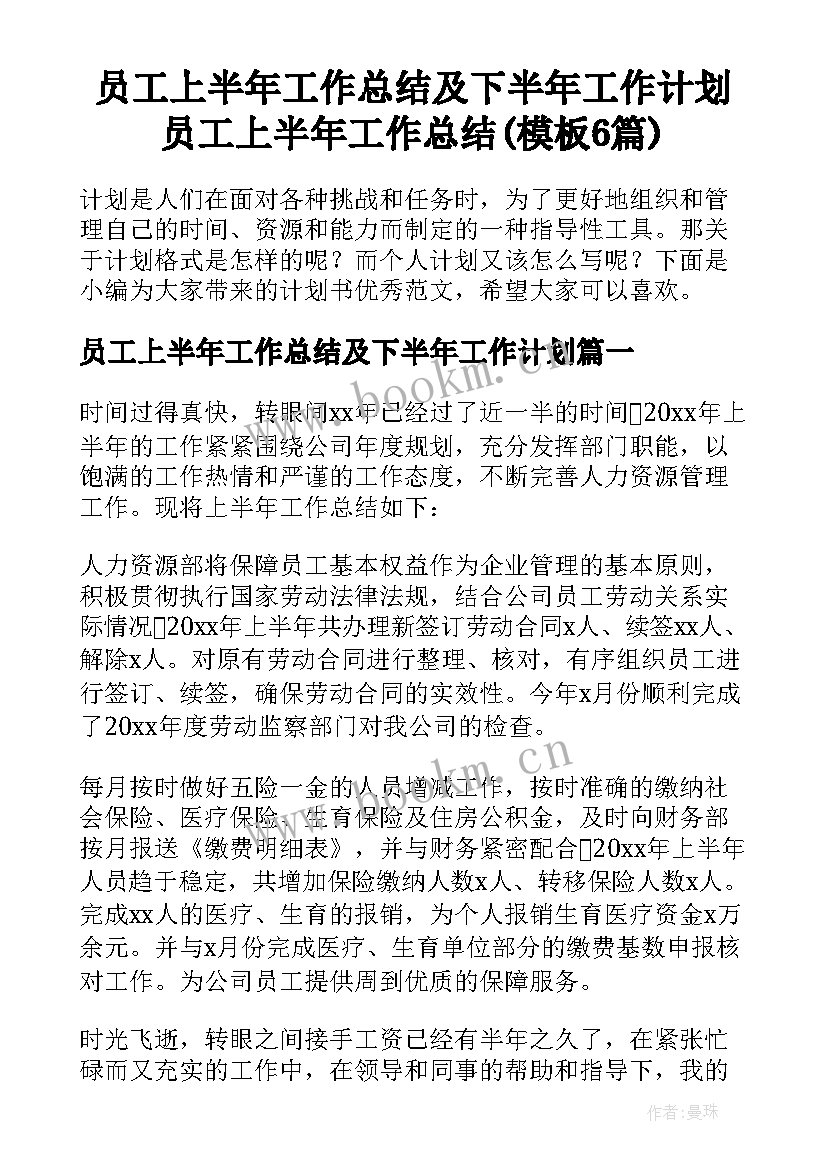 员工上半年工作总结及下半年工作计划 员工上半年工作总结(模板6篇)