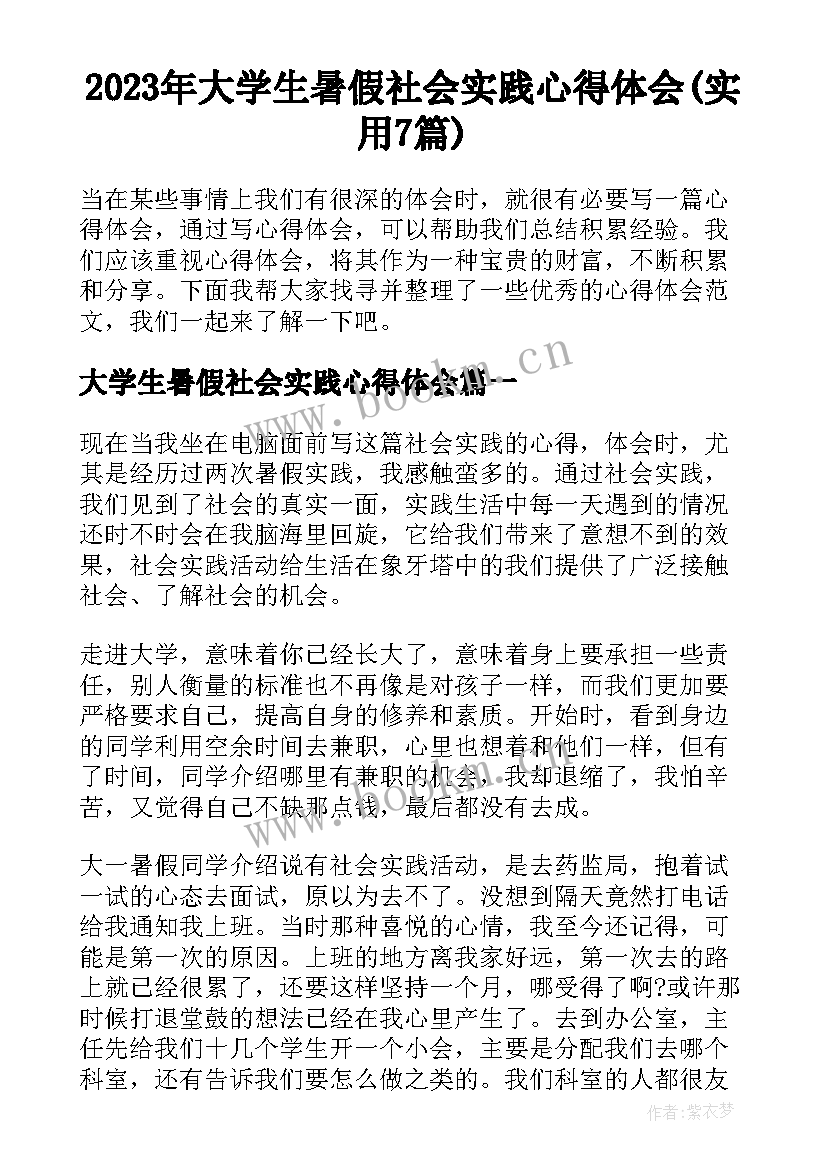 2023年大学生暑假社会实践心得体会(实用7篇)